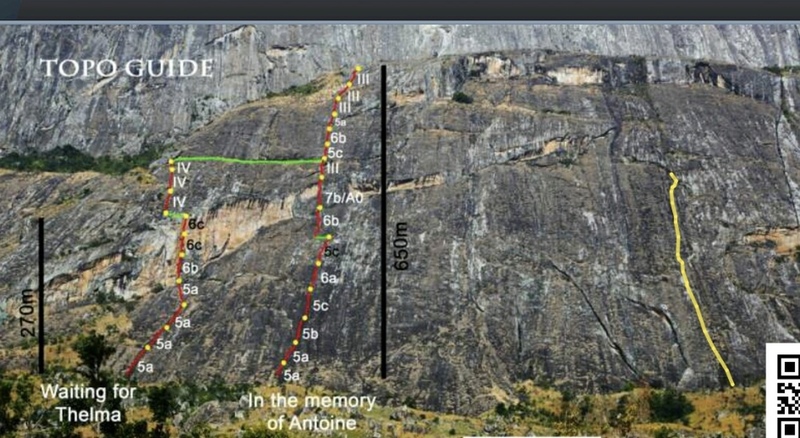 A topo/line of three known routes on the lower wall of Chambe North West Face with Passion and Pain in yellow.