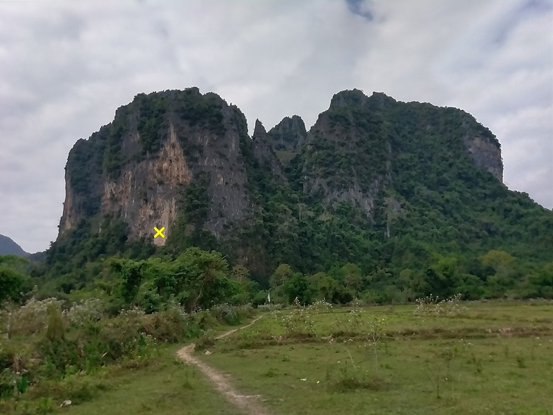 From the approach trail leading towards the cave. X marks the main wall.