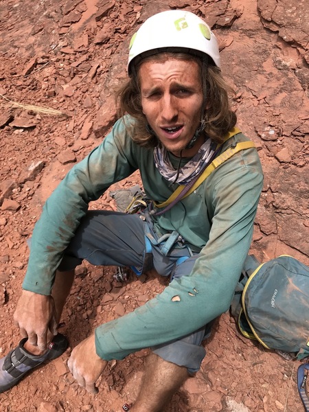 After our first attempt on Sock Puppet. We got up the first pitch all free, but it wasn't without a fight. Of course there was much cleaning to be done on the way down. Right before the photo I patted my sandy forehead with the back of my sweaty hand.