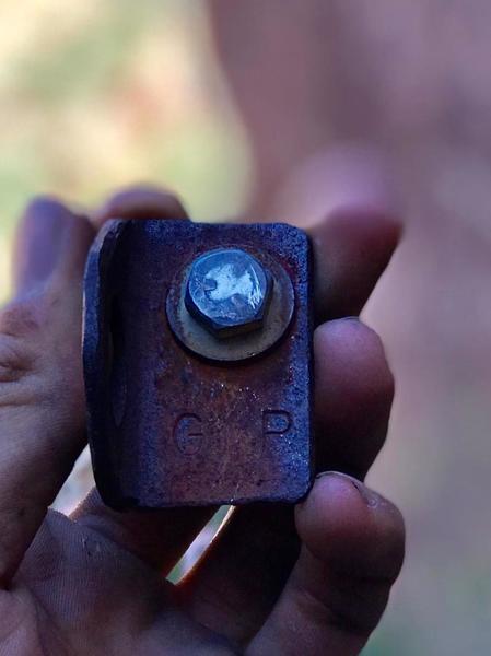 Original bolt/hanger from the G.P. Route - very mysterious! Newer, much longer bolts are now in place with new hangers but the old ones are there for posterity.