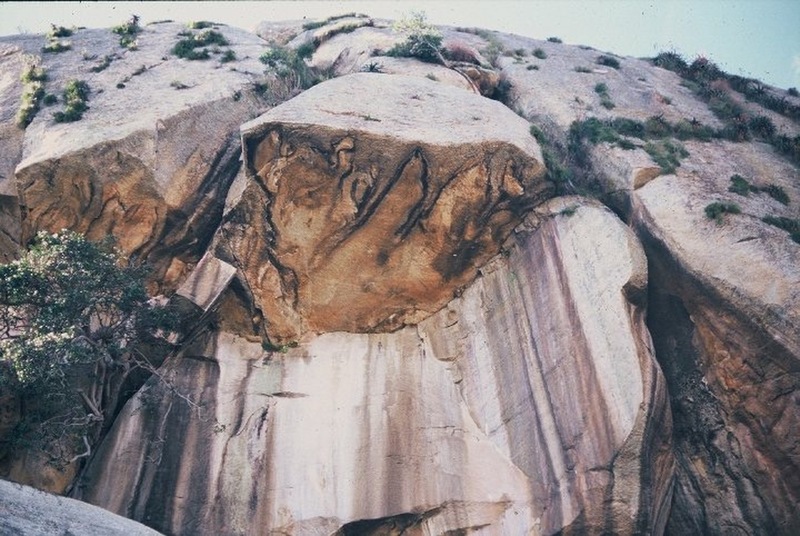 Hangover route traverses under the overhang on 21 points of aid.