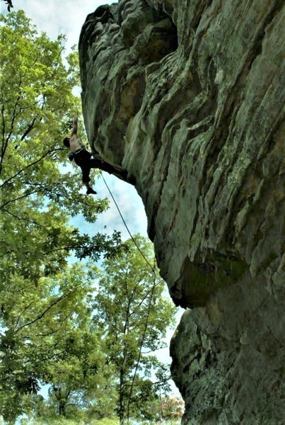 "Flying at the crux" on "Cruise This" (.12a) Holiday Block> Sand Rock, Alabama >, photo credit @Big Bert