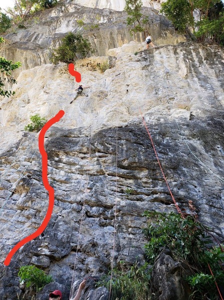 Diamond Cave face. 'Run Away' traced in red. (Anchors near baby tree midway up route if climbed in two pitches.)