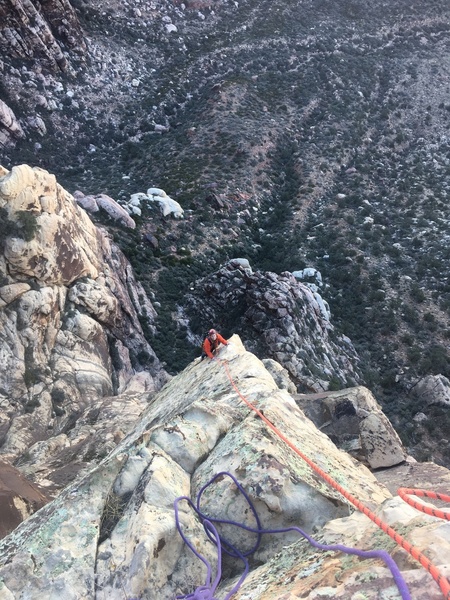Finishing off pitch 2 on the "licheny" side of the arete.
