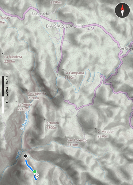Approach track to the summit. White dot: end of 4x4 road. Black dot: summit of El Gigante
