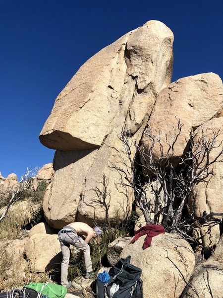 Nick clearing the belay for the Cable Route.