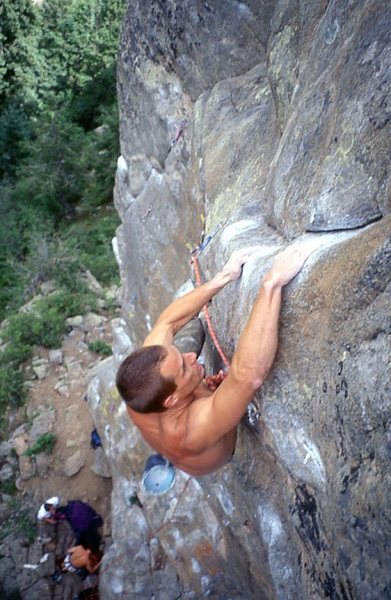 Chris Alber on the crux slopers of Nevermore, around 1996.
<br>
<br>
Photo: Mark Rolofson.