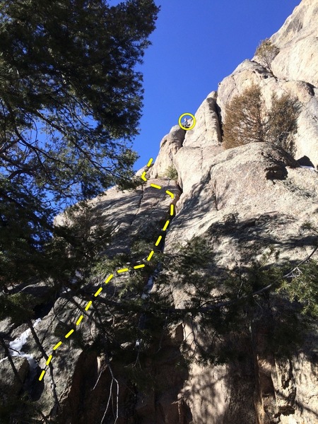 The yellow line is the first pitch of Wally World (the climber is off route).