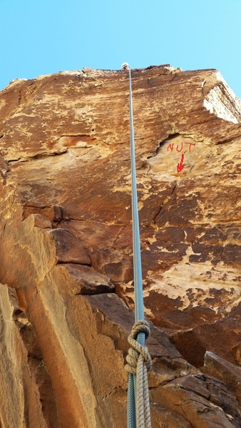 I'm rappelling the route, but when leading you should go up the right arete (not straight up the face or traversing off to the left).