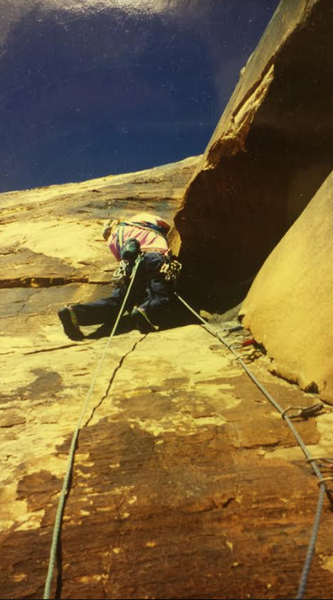 Danny Rider on the 3rd pitch on the F.A. of Ain't no Saint. Windy Peak. South face.