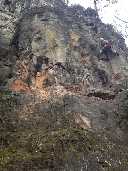At the Party Boat dihedral crux, on the first pitch of Three Hour Tour