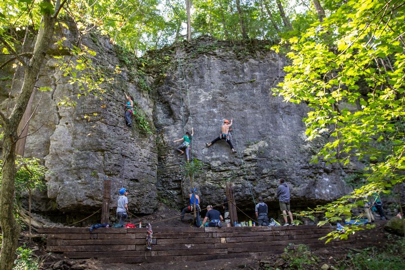 Climbers checking out Dad's Wall and Clear Creek at Mad River Gorge