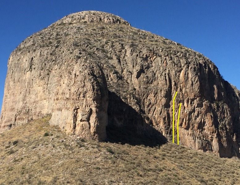 Wall of Northern Arizona on left, Galleta (buttress) in the middle, and Peanut Butter Cabal Wall on right with routes.