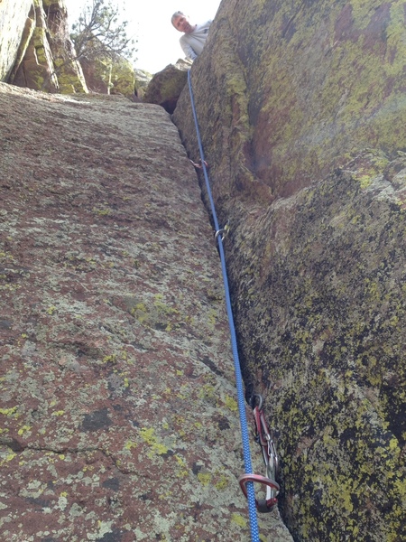 At the belay atop the 3rd pitch, fun crack.