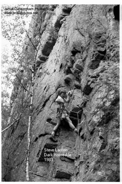 Steve Larson sending the first ascent of Dark Horse Ale, Upper Beer Walls, in 1983. -Jamie (Jim) Cunningham