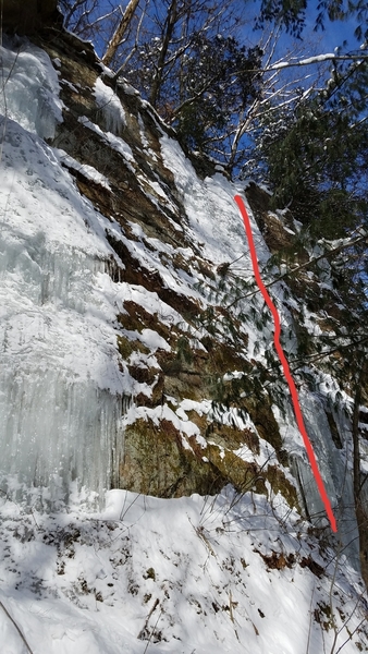 Route shown in red; right of Fleeting Frozen Fun and Climb It Change