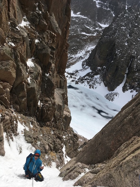 Looking down at Chasm right before it bottlenecks. Fixed cordelette wrapped around a horn. Josh Parsons, 2/02/19.