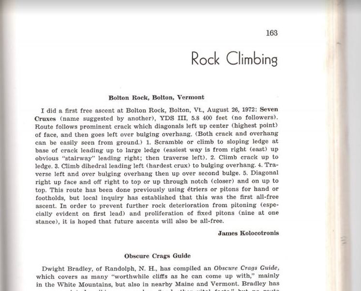The original route description from 1972, published in Apalachia, 1973. Admittedly, 400 feet was a little bit of an exaggeration as Kolocotronis was known for, but it's still a great route!
