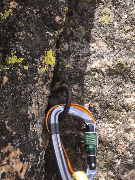 The fixed pin on the steep 4th Class downclimb to the notch. An orange carabiner was there (and still is) along with the pin. Held body weight when tested.