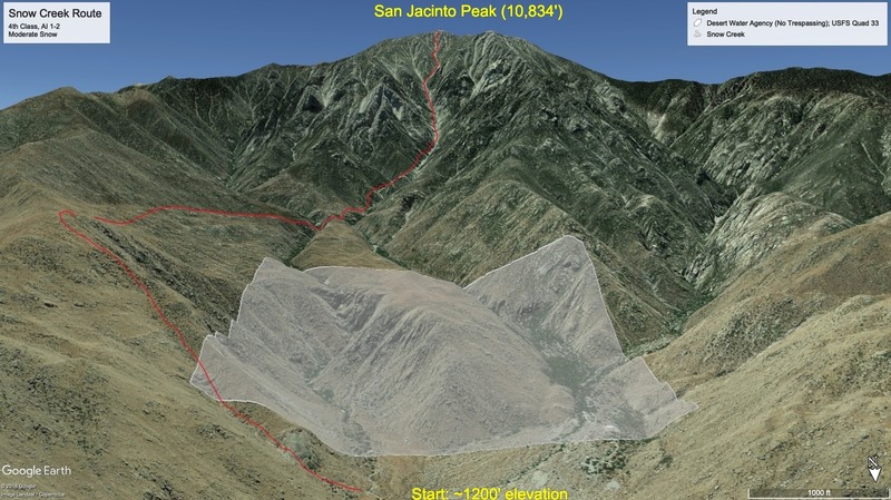 Snow Creek beta photo (Google Earth route overlay, showing no-trespassing area)