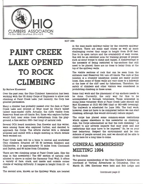 OCA Newsletter Announcing Paint Creek Opening to Rock Climbing