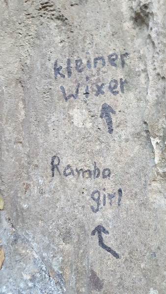 Rambo girl at reverses left and then up through the roof to the anchor.