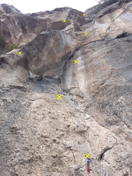 4th pitch: route splits 5.11b right up dihedral and 5.10b to the left w crux before the roof Not all bolts shown. Note: click off box below pic to remove "Topo Overlay" of bolts