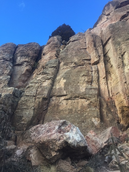This route goes up the clean, broken center slab.