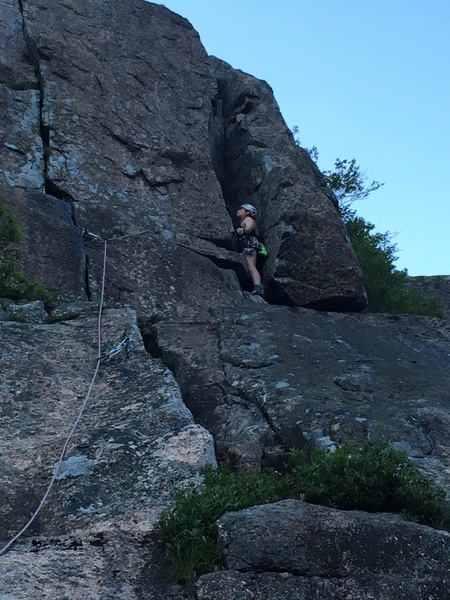 Photo was taken from the final belay bolts. Comfortable stances all the way up the chimney.