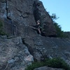 Photo was taken from the final belay bolts. Comfortable stances all the way up the chimney.