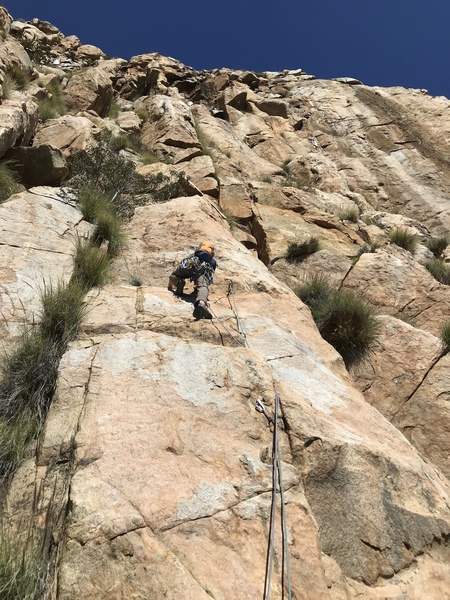 Start of pitch 1. The route traversed right barely to the edge of the slab, and not sure how this is a 5.9. Seemed a little tougher than that.
