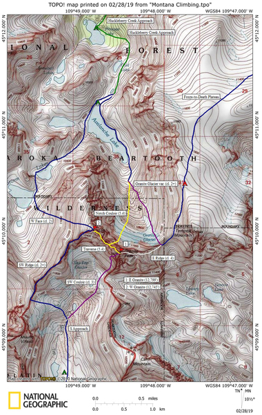 Map of the various routes on Granite Peak.