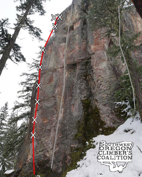 Topo of Cloud Drifter (red) in relation to other climbs on Cloud Buttress (gray)