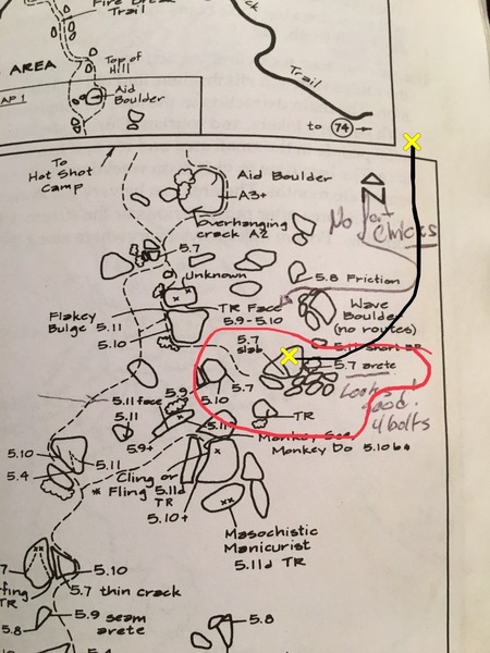 Oh Sheila is where the black line is with yellow x... and the 5.7 arete and all washed up is on left... This image is from the Southern California Bouldering Guide.