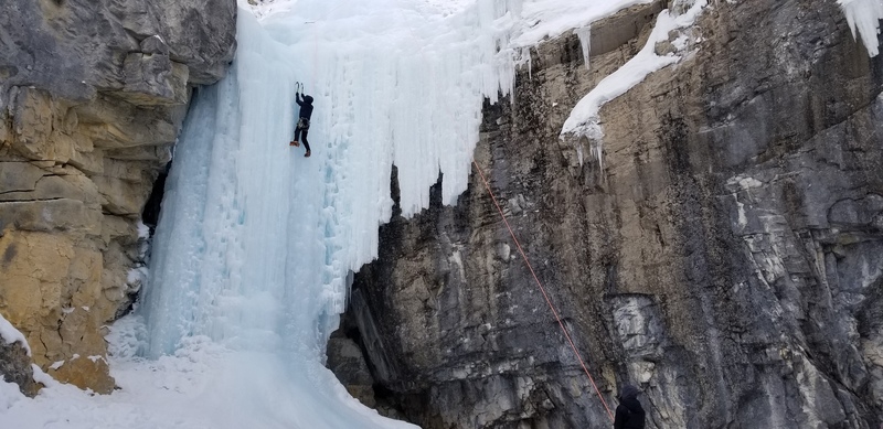 Climbing the main ice wall.
