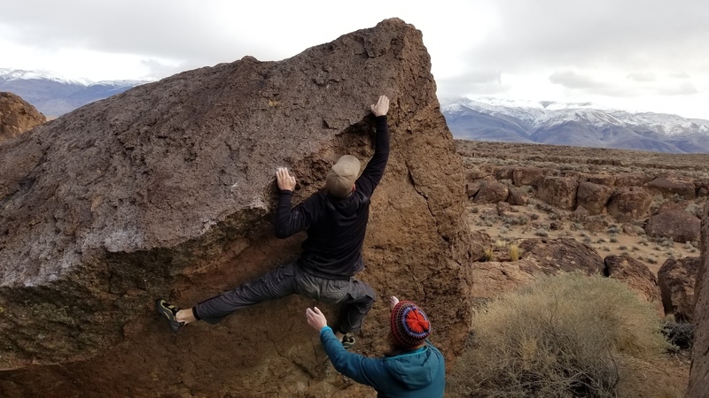 Climbing in Psycho Billy Boulder, Sierra Eastside