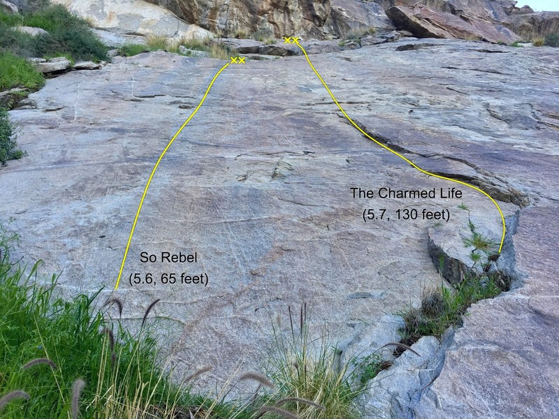 The pair of routes on the far left side of the main wall. View is extremely foreshortened. "So Rebel" has 5 bolts; "The Charmed Life" has 10 bolts.