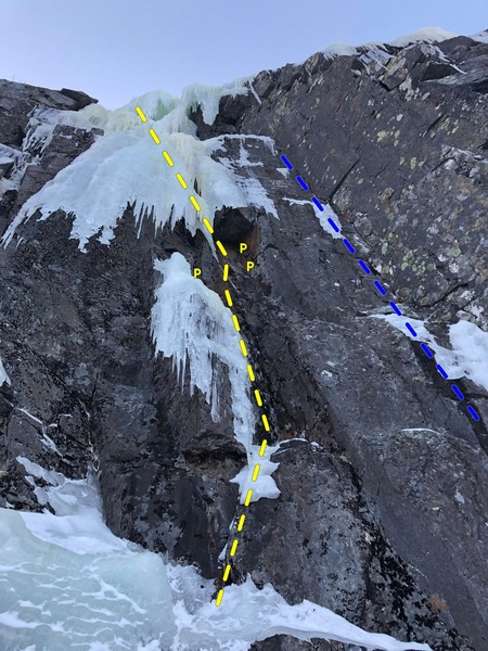 The Damsel in Feb 2019 (yellow). Blue = unnamed drytooling corner; some bail pitons/tat along the way.