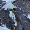 The Damsel in Feb 2019 (yellow). Blue = unnamed drytooling corner; some bail pitons/tat along the way.