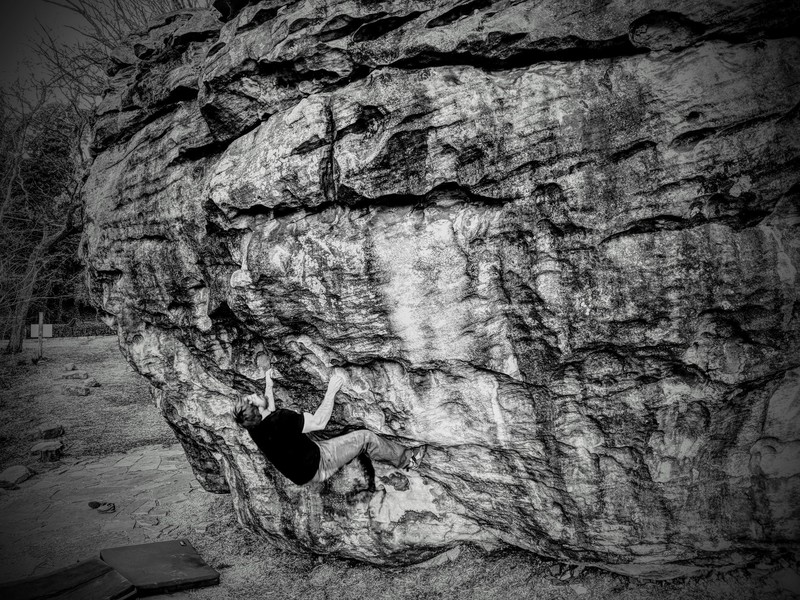 Getting ready for the fun, feet-cutting slap on "Old Greg" V5, on the Cliffhanger Boulder.
