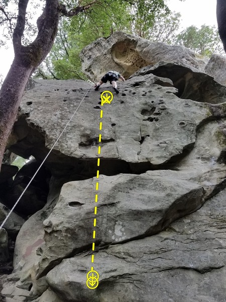Ryan Barr climbing Viscious Circles 5.10c on the left and to the right is Blowing Bubbles 5.10a. Easy TR setup for both, just approach from base of Donkey Kong route.