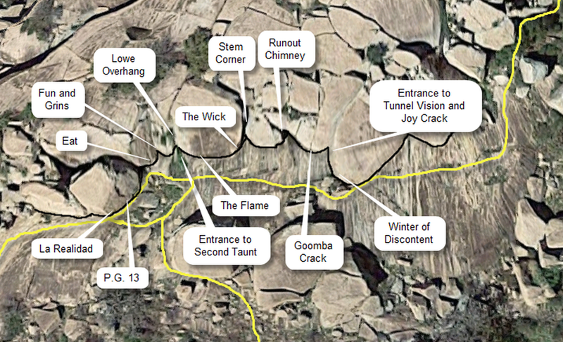 "Location of routes and trails on the Southeast Wall of Buzzards Roost."