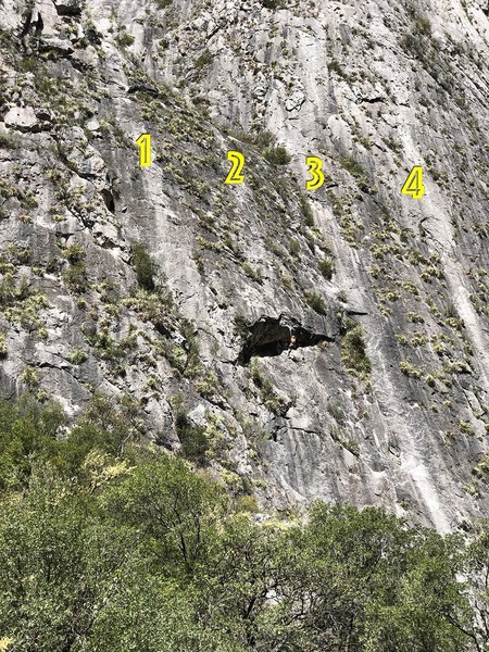 The main routes on the left side of the Jungle Wall. 1=Las Chimuelis, 2=Jungle Boy, 3=Jungle Mountaineering, 4=Yankee Clipper