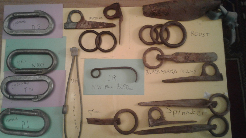 old pins, rap rings, and stamped biners / wired stopper, all from the same mountain, except the hook