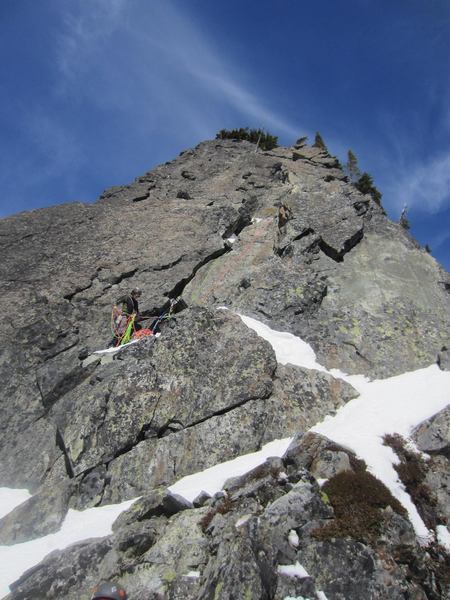 South Face of The Tooth 3/16/2019. Face gets enough sun that even during a winter ascent its got dry rock. <br>
<br>
Rock moves are dry, but patches of snow and lots of snow on summit makes having an ice axe or tool useful towards end of route and summit.