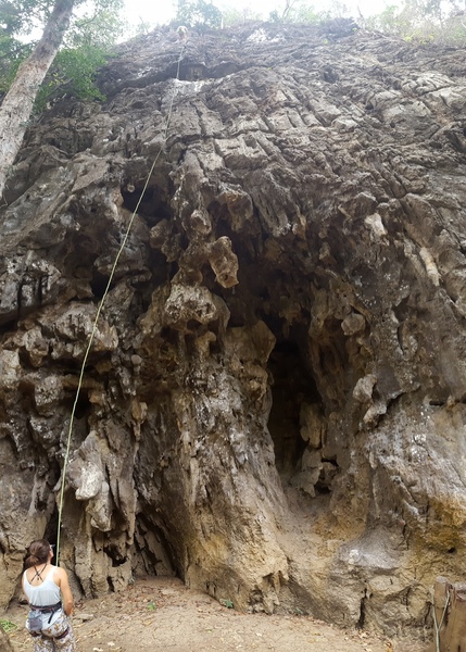 Grümpi starts in the cave just right of the featured climber then continues up the vertical face after super unique moves.