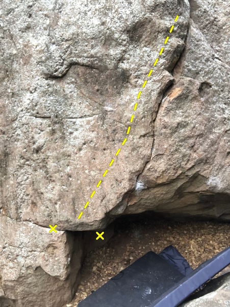 Start holds. Right hand is right above the right "x" in the roof on an undercling.