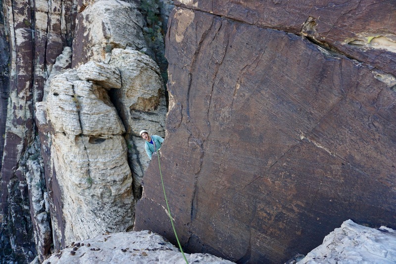 Big exposure on the last pitch! Step down and left around the arete to a hidden crack. This part is pretty dicey for the follower. (Photo: Giselle Field)