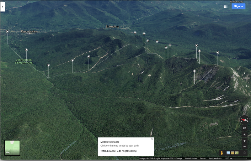 Roughly sketched out return path if you choose to head left after topping out. This takes you across Armstrong and Upper Wolf Jaw mountains.
<br>
Actual distance from the top of Gothics to The Garden is around 7.5 miles