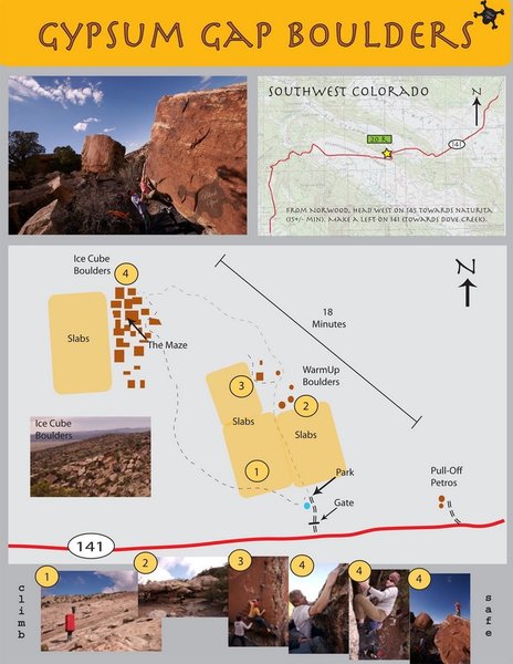 An overview provided by Damon Johnston - http://adventureswithnomad.blogspot.com/2006/11/gypsum-gap-boulders.html.